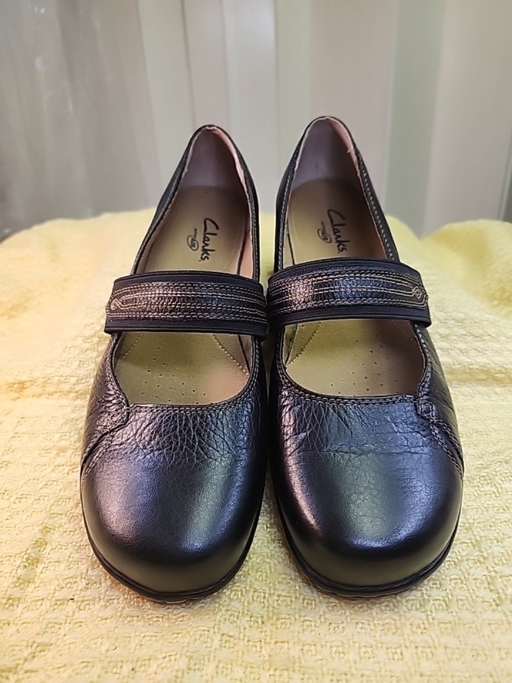 Clarks Black Leather Mary Jane Strap Flats
